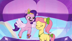 Size: 480x270 | Tagged: safe, screencap, pipp petals, posey bloom, earth pony, pegasus, pony, g5, my little pony: tell your tale, p + p = bffs, spoiler:g5, spoiler:my little pony: tell your tale, spoiler:tyts02e13, animated, boardtrot, duo, duo female, female, ferris wheel, gif, mare