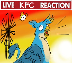 Size: 3200x2800 | Tagged: safe, artist:horsesplease, gallus, alarm clock, clock, crowing, gallus the rooster, implied smolder, kentucky fried gallus, kfc, live reaction, meme, morning, that griffon sure does love kfc, windmill