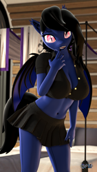 Size: 1080x1920 | Tagged: safe, artist:anthroponiessfm, oc, oc only, oc:zero shadow, bat pony, anthro, 3d, anthro oc, bat pony oc, big breasts, breasts, button-up shirt, cleavage, clothes, cute, fangs, female, looking at you, open mouth, sexy, shirt, skirt, solo, source filmmaker