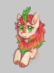 Size: 796x1082 | Tagged: safe, artist:moewwur, artist:rin-mandarin, oc, oc only, oc:chise, kirin, bust, doodle, gray background, green eyes, horn, light skin, looking at you, male, red mane, simple background, solo