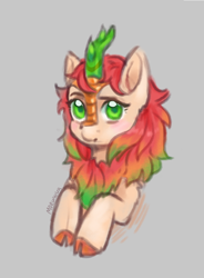 Size: 796x1082 | Tagged: safe, artist:moewwur, artist:rin-mandarin, oc, oc only, oc:chise, kirin, bust, doodle, female, gray background, green eyes, horn, light skin, looking at you, red mane, simple background, solo