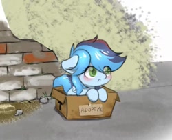 Size: 928x754 | Tagged: artist needed, safe, oc, oc only, oc:azure sink, pegasus, pony, blushing, box, eyes open, foal, homeless, pony in a box, scared, solo, white sclera
