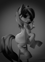 Size: 2300x3200 | Tagged: safe, artist:lithus, oc, oc only, oc:lithus, earth pony, pony, wolf, wolf pony, open pony, 3d, bedroom eyes, black and white, blender, blender cycles, crown, ear fluff, grayscale, jewelry, looking at you, monochrome, photo shoot, regalia, render, simple background, solo, stool