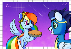 Size: 2388x1668 | Tagged: safe, artist:edgillock, rainbow dash, soarin', pegasus, pony, g4, alternate hairstyle, clothes, dress, duo, duo male and female, female, food, gala dress, gown, male, pie, rainbow dash's first gala dress, ship:soarindash, shipping, straight, that pony sure does love pies, uniform, wonderbolts uniform