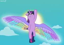 Size: 2700x1920 | Tagged: safe, artist:[mlp] harmony, twilight sparkle, alicorn, pony, g4, my little pony: rainbow roadtrip, belly, cloud, colored wings, flying, front view, horn, large wings, multicolored wings, open mouth, open smile, rainbow wings, raised hoof, smiling, solo, spread wings, sun, twilight sparkle (alicorn), wing bling, wings