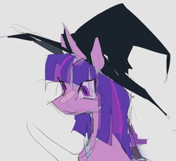 Size: 476x436 | Tagged: safe, artist:arkelyon, twilight sparkle, pony, unicorn, bust, gray background, hat, horn, simple background, sketch, smiling, solo, witch hat