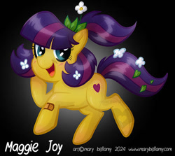 Size: 600x536 | Tagged: safe, artist:marybellamy, earth pony, bandaid, black background, blue eyes, cute, digital art, flower, flower in hair, heart, maggie joy, multicolored hair, ponytail, rest in peace, simple background, smiling