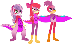 Size: 2727x1674 | Tagged: safe, artist:dupontsimon, apple bloom, scootaloo, sweetie belle, bird, human, kangaroo, lizard, fanfic:choose your own magic ending, equestria girls, g4, fanfic art, road runner, simple background, superhero, transparent background, trio, vector