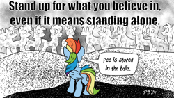 Size: 1200x675 | Tagged: safe, artist:pony-berserker, rainbow dash, pegasus, pony, pony-berserker's twitter sketches, g4, blank ponies, crowd, folded wings, meme, motivational poster, pee is stored in the balls, pony-berserker's twitter sketches (2024), pseudomotivational, rainbow dash is a goddamn moron, signature, speech bubble, wings