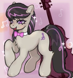 Size: 1931x2048 | Tagged: safe, artist:plebliung, octavia melody, earth pony, pony, g4, abstract background, bangs, bowtie, cello, chest fluff, circle, colored pinnae, dyed hair, ear fluff, female, fluffy, gradient background, leg fluff, looking up, mare, music notes, musical instrument, octavia's bowtie, open mouth, open smile, raised hoof, shadow, signature, smiling, solo, sparkles, standing