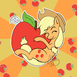 Size: 851x851 | Tagged: safe, artist:mranthony2, applejack, earth pony, pony, g4, apple, eyes closed, food, giant food, hug, plushie, smiling, solo, sticker, sunburst background, that pony sure does love apples