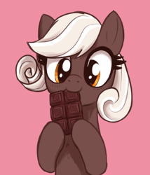 Size: 600x700 | Tagged: safe, artist:szafir87, artist:t72b, oc, oc only, oc:savory truffle, earth pony, pony, amber eyes, animated, brown coat, brown fur, chocolate, cute, daaaaaaaaaaaw, diabetes, eating, female, food, gif, herbivore, hoof hold, mare, nom, ocbetes, pink background, simple background, solo, szafir87 is trying to murder us, t72b is trying to murder us, weapons-grade cute, white mane
