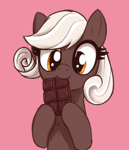 Size: 600x700 | Tagged: safe, artist:szafir87, artist:t72b, oc, oc only, oc:savory truffle, earth pony, pony, animated, chocolate, cute, daaaaaaaaaaaw, diabetes, eating, female, food, gif, herbivore, hoof hold, mare, nom, ocbetes, pink background, simple background, solo, szafir87 is trying to murder us, t72b is trying to murder us, weapons-grade cute