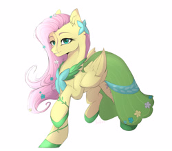 Size: 4000x3505 | Tagged: safe, artist:fosha, fluttershy, pegasus, pony, g4, clothes, colored eyebrows, dress, eyebrows, female, flower, flower in hair, foal, folded wings, full body, gala dress, mare, pink hair, shadow, simple background, solo, white background, wings, younger