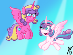 Size: 2160x1620 | Tagged: safe, artist:jesslmc16, princess flurry heart, princess skyla, alicorn, pony, g4, colored wings, crystal heart, curly hair, curly mane, digital art, duo, duo female, female, filly, flying, foal, full body, headcanon, hooves, horn, multicolored hair, multicolored wings, no pupils, older, older flurry heart, older skyla, procreate app, siblings, signature, sisters, sky background, wings
