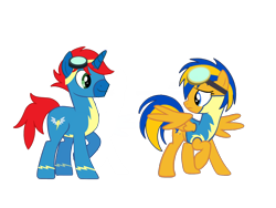 Size: 2048x1536 | Tagged: safe, artist:ry-bluepony1, oc, oc only, oc:flare spark, oc:train track, pegasus, pony, unicorn, g4, clothes, duo, duo male and female, female, goggles, goggles on head, horn, male, non-pegasus wonderbolt, simple background, transparent background, uniform, wings, wonderbolt trainee uniform, wonderbolts, wonderbolts uniform