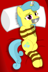 Size: 2900x4300 | Tagged: safe, alternate version, artist:cardshark777, lemon hearts, pony, unicorn, g4, bed, bed sheets, bondage, bound and gagged, female, femsub, gag, heart, helpless, hooves behind back, horn, horn ring, jewelry, lidded eyes, looking at you, lying down, magic suppression, mare, pillow, restrained, ring, rope, rope bondage, smiling, solo, submissive, tape, tape gag, tied up