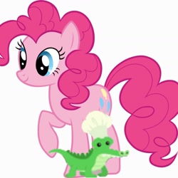 Size: 1440x1440 | Tagged: safe, artist:ebotizer, edit, edited screencap, editor:ebotizer, screencap, gummy, pinkie pie, alligator, earth pony, pony, g4, chef's hat, duo, duo male and female, female, hat, male, mare, pet, raised hoof, simple background, smiling, white background