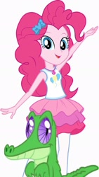 Size: 1080x1920 | Tagged: safe, artist:ebotizer, edit, edited screencap, editor:ebotizer, screencap, gummy, pinkie pie, alligator, human, equestria girls, g4, duo, duo male and female, female, male, simple background, white background