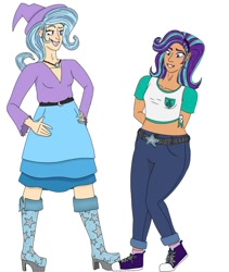 Size: 640x758 | Tagged: artist needed, safe, starlight glimmer, trixie, equestria girls, g4, belt, boots, clothes, converse, denim, duo, duo female, female, high heel boots, jeans, pants, shirt, shoes, simple background, white background