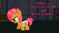 Size: 1920x1080 | Tagged: safe, edit, edited screencap, screencap, babs seed, earth pony, pony, g4, abdl, angry, complex background, dark background, diaper, female, filly, foal, glowing, green eyes, non-baby in diaper, pink mane, solo, text, walking