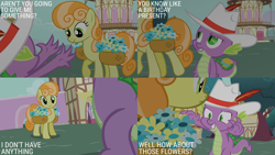Size: 2000x1125 | Tagged: safe, edit, edited screencap, editor:quoterific, screencap, junebug, spike, dragon, earth pony, pony, g4, season 2, secret of my excess, bag, building, caption, duo, duo male and female, feathered hat, female, flower, hat, looking at each other, looking at someone, male, mare, ponyville, saddle bag, smiling, text, town, town hall, tree
