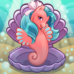 Size: 2400x2400 | Tagged: safe, artist:sparkytopia, wavedancer, sea pony, g1, blue hair, bow, female, fins, hair bow, looking at you, open mouth, open smile, pink coat, seashell, signature, smiling, solo, underwater, water