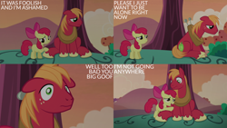 Size: 2000x1125 | Tagged: safe, edit, edited screencap, editor:quoterific, screencap, apple bloom, big macintosh, earth pony, pony, brotherhooves social, g4, brother and sister, caption, female, filly, foal, male, sad, siblings, stallion, text