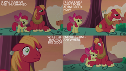 Size: 2000x1125 | Tagged: safe, edit, edited screencap, editor:quoterific, screencap, apple bloom, big macintosh, earth pony, pony, brotherhooves social, g4, season 5, brother and sister, caption, duo, duo male and female, female, filly, foal, male, sad, siblings, stallion, text, tree