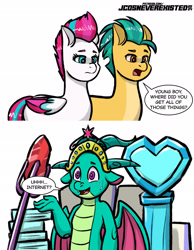 Size: 1584x2046 | Tagged: safe, artist:jcosneverexisted, hitch trailblazer, sparky sparkeroni, zipp storm, dragon, earth pony, pegasus, pony, g5, 2 panel comic, big crown thingy, bloodstone scepter, comic, countershading, crystal heart, dialogue, element of magic, eyelashes, female, hitch is best dragon dad, jewelry, male, mare, no eyelashes, older, older sparky sparkeroni, parody, regalia, ship:stormblazer, shipping, simple background, stallion, straight, sweat, the fairly oddparents, three quarter view, white background, zipp is best dragon mom