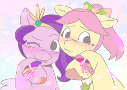 Size: 4132x2919 | Tagged: safe, artist:daisy_marshmallow, pipp petals, posey bloom, earth pony, pegasus, pony, g5, my little pony: tell your tale, p + p = bffs, spoiler:g5, spoiler:my little pony: tell your tale, spoiler:tyts02e13, adorapipp, blushing, bow, bracelet, cute, duo, duo female, female, friendship bracelet, hair bow, headband, high res, jewelry, lesbian, mare, necklace, ponytail, ship:petalbloom, shipping