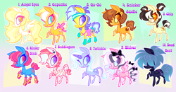 Size: 4432x2302 | Tagged: safe, artist:janegumball, oc, oc only, oc:angel eyes, oc:bubblegum, oc:chip, oc:cupcake, oc:dead beat, oc:go-go, oc:rinky-dink, oc:shiver, oc:snicker doodle, oc:twinkle, earth pony, pegasus, pony, unicorn, zebra, bow, choker, clothes, colored pupils, ear piercing, earring, freckles, hair bow, hair over eyes, headband, heart, heart eyes, high res, horn, jewelry, leg warmers, leonine tail, leotard, piercing, pigtails, roller skates, skates, spiked choker, sweatband, tail, tail bow, wingding eyes, zebra oc