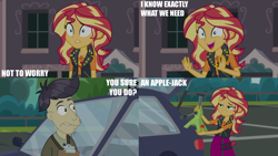 Size: 2000x1125 | Tagged: safe, edit, edited screencap, editor:quoterific, screencap, cranky doodle donkey, sunset shimmer, human, driving miss shimmer, equestria girls, g4, my little pony equestria girls: choose your own ending, car, duo, duo male and female, female, jack, male, pun, visual pun