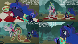 Size: 2000x1125 | Tagged: safe, edit, edited screencap, editor:quoterific, screencap, princess celestia, princess luna, alicorn, pony, between dark and dawn, g4, argument, basket, bread, caption, cheese, clothes, dialogue, duo, duo female, female, flying, folded wings, food, glowing, glowing horn, hawaiian shirt, horn, lettuce, magic, magic aura, mare, open mouth, outdoors, picnic, picnic basket, picnic blanket, plate, raised hoof, royal sisters, sandwich, shirt, shirt with a collar, siblings, sisters, spread wings, talking, telekinesis, text, tomato, tree, wings, yelling