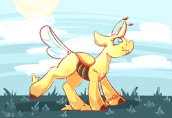 Size: 2657x1827 | Tagged: safe, artist:ezzerie, oc, oc only, oc:physalis, changedling, changeling, pony, antennae, bracelet, cloud, fangs, female, grass, heart, heart eyes, jewelry, running, solo, solo female, sun, tongue out, wingding eyes