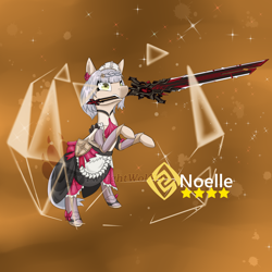 Size: 3000x3000 | Tagged: safe, artist:twilightwolf91, pony, clothes, dress, female, genshin impact, maid, mare, mouth hold, noelle (genshin impact), ponified, solo, sword, weapon