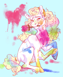 Size: 1495x1838 | Tagged: safe, artist:cactiflowers, oc, oc only, earth pony, pony, female, mare, mouth hold, paint splatter, paintbrush, solo