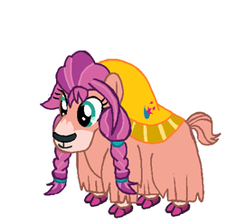 Size: 460x457 | Tagged: safe, artist:qjosh, sunny starscout, yak, g4, g5, blanket, cutie mark accessory, g5 to g4, generation leap, pony to yak, simple background, solo, species swap, transformation, transformation sequence, white background