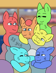 Size: 2600x3358 | Tagged: safe, artist:brushwork, oc, pony, chibi, commission, cuddling, female, friendly, gay, group, group photo, male, straight, your character here