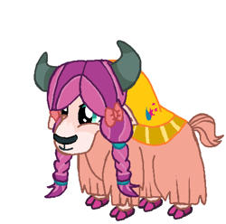 Size: 454x451 | Tagged: safe, artist:qjosh, sunny starscout, yak, g4, g5, blanket, cutie mark accessory, female, g5 to g4, generation leap, horns, pony to yak, simple background, species swap, transformation, transformation sequence, white background, yakified