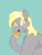 Size: 3327x4385 | Tagged: safe, artist:luanbang, derpy hooves, pegasus, anthro, g4, blue background, cyan background, eating, food, looking at you, looking up, looking up at you, muffin, open mouth, simple background, sitting, solo