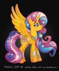 Size: 600x721 | Tagged: safe, artist:marybellamy, princess gold lily, alicorn, pony, g4, black background, clothes, collar, flower, ponytail, redesign, shoes, simple background, toy, watermark, wavy hair