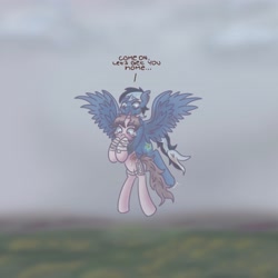 Size: 3699x3699 | Tagged: safe, artist:tuskonline, oc, oc:lola, oc:thistle tube, pegasus, pony, unicorn, bandage, bandaged leg, blood, blue body, blue eyes, blurry background, brown eyes, brown hair, brown mane, brown tail, crying, duo, flying, holding a pony, horn, injured, multicolored hair, multicolored mane, multicolored tail, pegasus oc, pink body, ponysona, spread wings, tail, teary eyes, text, unicorn oc, wings