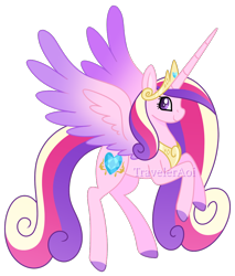 Size: 1000x1172 | Tagged: safe, artist:traveleraoi, princess cadance, alicorn, pony, g4, colored pupils, colored wings, crown, cute, cutedance, female, flying, gradient wings, hooves, horn, jewelry, long horn, long mane, long tail, looking at you, mare, older, older princess cadance, peytral, regalia, simple background, smiling, solo, tail, tall, transparent background, watermark, wings