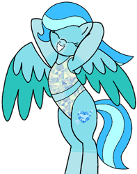 Size: 784x994 | Tagged: safe, artist:ncolque, artist:noi kincade, oc, oc only, oc:ice crystal, pegasus, pony, semi-anthro, bipedal, eyes closed, female, mare, midriff, pose, simple background, smiling, solo, spread wings, summer outfit, transparent background, wings