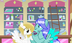 Size: 2727x1650 | Tagged: safe, artist:ncolque, oc, oc only, oc:aqua drop, oc:honeybun, pegasus, pony, crying, duo, duo male and female, female, male, marriage proposal, screencap background, smiling, spread wings, sugarcube corner, wings