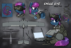 Size: 4244x2883 | Tagged: safe, artist:selenophile, oc, oc only, oc:eagle eye, hybrid, zony, fallout equestria, armor, clothes, dashite, drone, enclave, enclave armor, military uniform, reference sheet, soldier, soldier pony, uniform