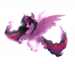 Size: 2048x1726 | Tagged: safe, artist:petaltwinkle, twilight sparkle, alicorn, pony, g4, bracelet, crown, female, flying, jewelry, majestic, mare, necklace, regalia, signature, simple background, solo, spread wings, twilight sparkle (alicorn), wavy mane, white background, wings