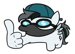 Size: 1201x865 | Tagged: safe, artist:jargon scott, oc, oc only, pegasus, pony, backwards ballcap, baseball cap, cap, commission, face mask, goggles, hat, male, mask, simple background, solo, squatpony, stallion, suddenly hands, thumbs up, white background