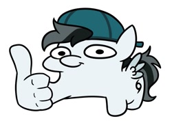 Size: 1201x865 | Tagged: safe, alternate version, artist:jargon scott, oc, oc only, pegasus, pony, backwards ballcap, baseball cap, cap, commission, hat, male, simple background, solo, squatpony, stallion, suddenly hands, thumbs up, white background